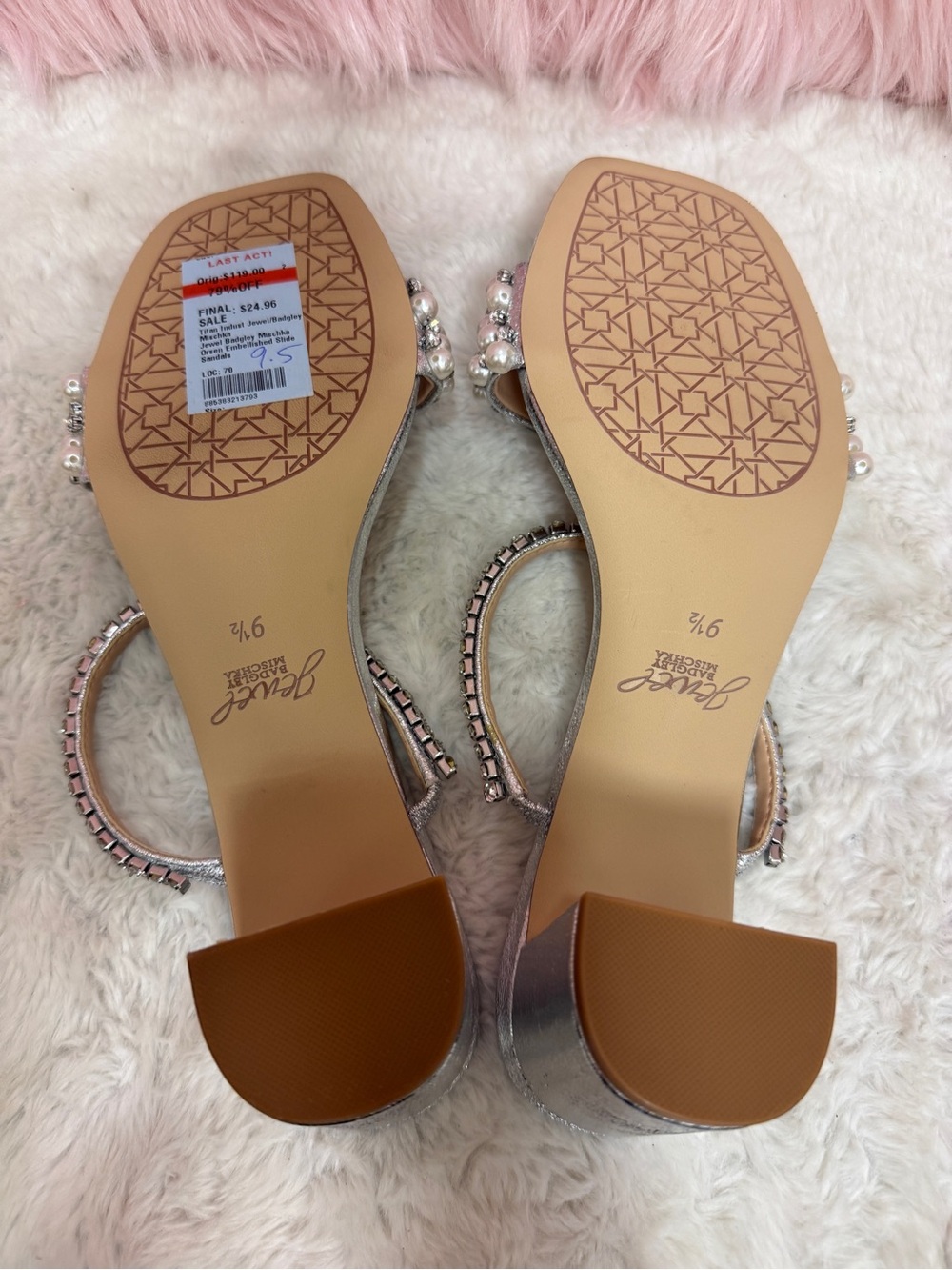 Badgley Mischka Pink Silver Pearl-Embellished Block Heel Sandals - Picture 3 of 4